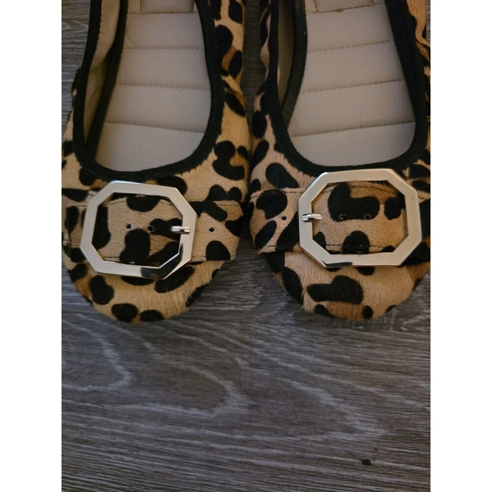 Adam Tucker by Me too leopard print, calf fur, gold buckle ballet flats.  Sz 7